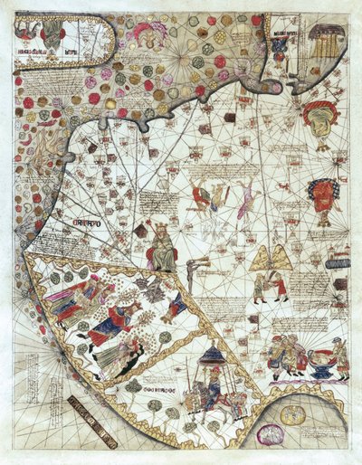 Mapa Chin (Cathay), z opisami małych scen, wytyczenie królestw z reprezentowanym za każdym razem władcą autorstwa Abraham and Cresques Jehuda Cresques