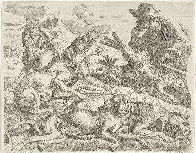 Cztery psy, myśliwy i zając autorstwa Abraham Danielsz. Hondius