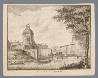 Widok na Morspoort w Leiden Brama Morscha (tytuł na obiekcie) autorstwa Abraham Delfos
