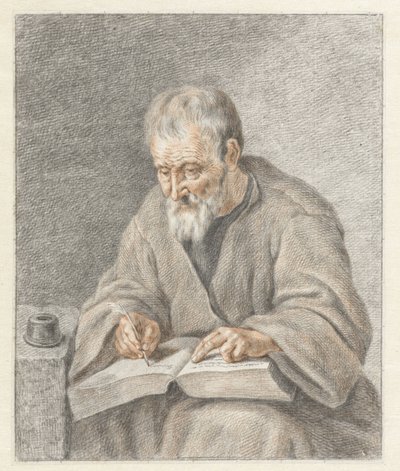 Stary człowiek piszący w książce autorstwa Abraham Delfos