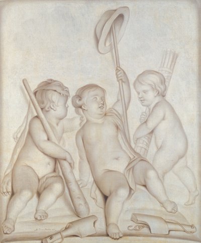Trzy cherubiny (grisaille), Putti z atrybutami Herkulesa i Merkurego, 1767 autorstwa Abraham Hendrick van Beesten