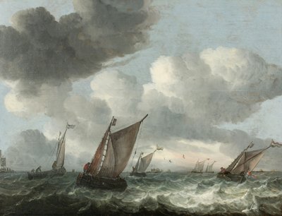 Łodzie rybackie u wybrzeży na wzburzonym morzu (olej na desce) autorstwa Abraham Hendricksz van Beyeren