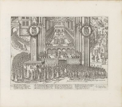Widok z zewnątrz Opactwa Westminsterskiego podczas koronacji Jakuba I, 1603-1604. autorstwa Abraham Hogenberg
