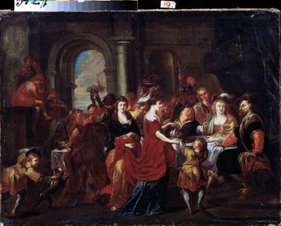 „Uczta Heroda” (Uczta Heroda) Bankiet Heroda (Heroda Antypas), podczas którego córka Herodiady (Salome) żąda na talerzu głowy Jana Chrzciciela (Jean Baptiste), aby ofiarowała ją matce. Głowę świętego umieszcza się na stole. Farba autorstwa Abraham Jansz. van Diepenbeeck