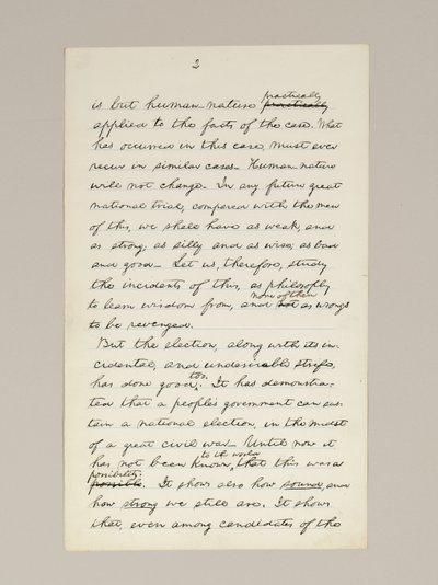 Autograf rękopisu przemówienia Lincolna o zwycięstwie w wyborach jako prezydenta, wygłoszony w Waszyngtonie, z okna Białego Domu wieczorem 10 listopada autorstwa Abraham Lincoln