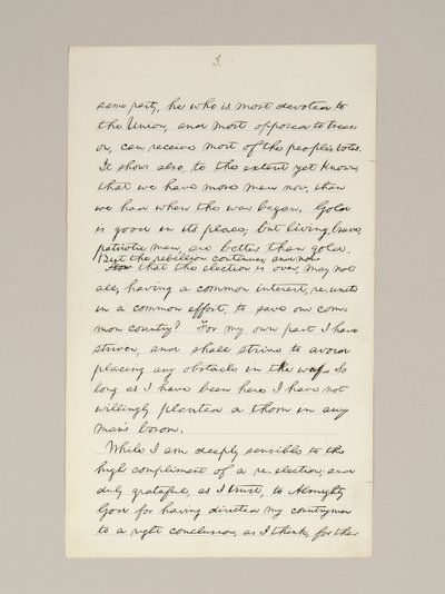 Autograf rękopisu przemówienia Lincolna o zwycięstwie w wyborach jako prezydenta, wygłoszony w Waszyngtonie, z okna Białego Domu wieczorem 10 listopada autorstwa Abraham Lincoln