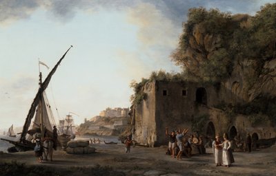 Para: widok na port z kupcami i marynarzami grającymi muzykę autorstwa Abraham Louis Rudolph Ducros