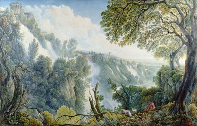 Wodospady Tivoli z mężczyzną siedzącym pod świątynią Sybilli (pióro, atrament, toaleta, gwasz) autorstwa Abraham Louis Rudolph Ducros