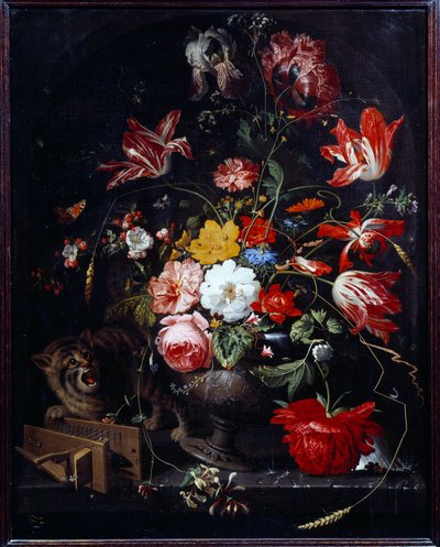 Kot przewracając wazon z kwiatami. Obraz Abrahama Mignona (1640-1679) ek. wszystko autorstwa Abraham Mignon