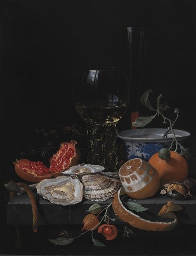 Ostrygi, owoce i kieliszek na kamiennym stole autorstwa Abraham Mignon