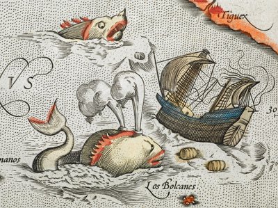 (Szczegół). Morskie potwory atakujące statek. autorstwa Abraham Ortelius