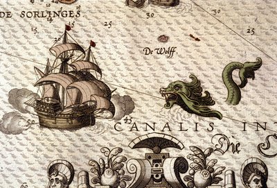 Morski potwór atakujący galeon (karawela). Fragment mapy w „Theatrum Orbis Terrarum” Abrahama Orteliusa, Antwerpia 1584 autorstwa Abraham Ortelius