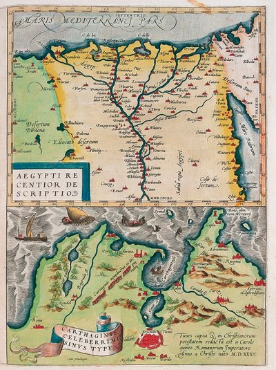 Nowszy opis Egiptu. - Typ zatoki Kartaginy Mapa geograficzna Egiptu z miastami Nilu i Kartaginy (Tunezja) z „Theatrum Orbis Terrarum” Abrahama Orteliusa (Oertel, Ortell lub Ortel autorstwa Abraham Ortelius