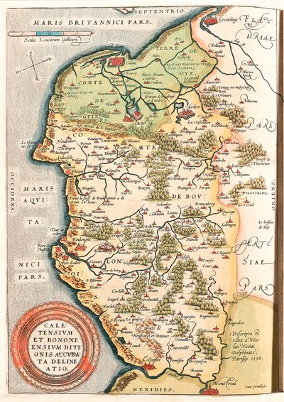Caletensium et Bononiensium Ditionis Accurata Delineatio Mapa geograficzna terytorium Boulonnais (Comte de Boulogne), Artois i Flandrii francuskiej (Francja) zawierająca miejsca Calais, Arches, Greuelinge, Etaples i Montreuil... zaczerpnięta z „Theatrum Or autorstwa Abraham Ortelius