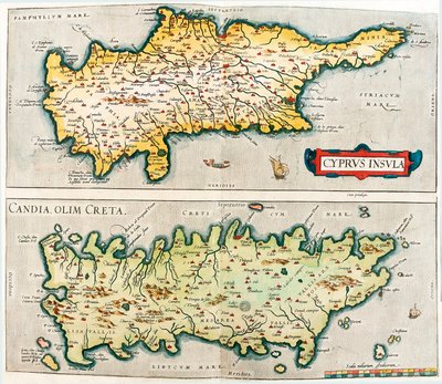 Wyspa Cypr - Candia, dawniej Kreta Mapa geograficzna śródziemnomorskich wysp Cypru i Krety w Grecji z "Theatrum Orbis Terrarum" Abrahama Orteliusa (Oertel, Ortell lub Ortel autorstwa Abraham Ortelius