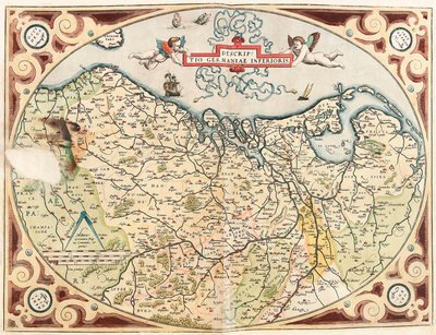 Opis mapy geograficznej Dolnych Niemiec terytorium Holandii Germański z „Theatrum Orbis Terrarum” autorstwa Abrahama Orteliusa (Oertel, Ortell lub Ortel autorstwa Abraham Ortelius