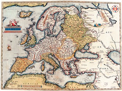 Opis kontynentu europejskiego. Mapa geograficzna z „Theatrum Orbis Terrarum” Abrahama Orteliusa autorstwa Abraham Ortelius