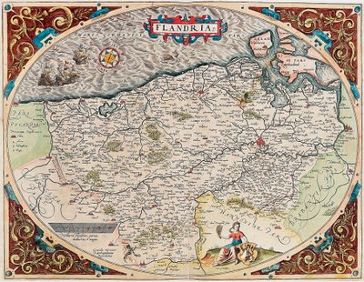 Flandria Mapa geograficzna terytorium Flandrii z „Theatrum Orbis Terrarum” Abrahama Orteliusa (Oertel, Ortell lub Ortel autorstwa Abraham Ortelius