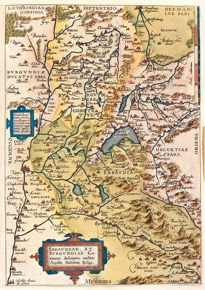 Francja (region: Burgundia, Franche-Comté, Rodan-Alpy, Prowansja-Alpy-Lazurowe Wybrzeże), Szwajcaria (kanton: Basel-Stadt, Basel-Landschaft, Solothurn, Berno, Valais, Jura, Neuchâtel, Fribourg, Vaud, Genewa), Włochy (region: Dolina Aosty) autorstwa Abraham Ortelius