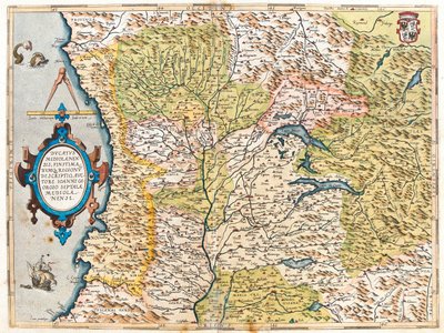 Francja (region: , Franche-Comté, Rodan-Alpy, Prowansja-Alpy-Lazurowe Wybrzeże), południowa Szwajcaria, Włochy (region: Liguria, Piemont, Dolina Aosty, Lombardia, zachodni Trydent-Górna Adyga, zachodnia Emilia-Romania, północno-zachodnia Toskania) autorstwa Abraham Ortelius