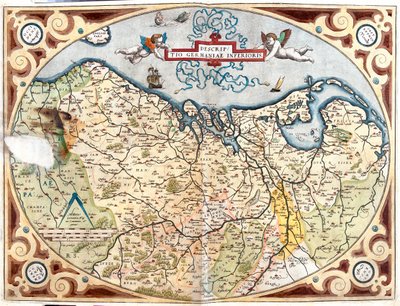 Francja (regiony: Górna Normandia, Pikardia, North-pas de Calais, Ile-de-France, Szampania-Ardeny, Lotaryngia), Belgia, Holandia, Niemcy (kraj związkowy: Dolna Saksonia, Nadrenia Północna-Westfalia, Nadrenia-Palatynat, Saara), Luksemburg autorstwa Abraham Ortelius