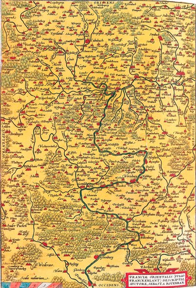 Wschodnia Francja (Common/Franckenlant) Opis, autor, Sebast. A. Rotenhan Mapa geograficzna terytorium Frankonii w Niemczech z miastem Frankfurt (również Karlstadt..) zaczerpnięta z „Theatrum Orbis Terrarum” Abrahama Orteliusa (Oer autorstwa Abraham Ortelius