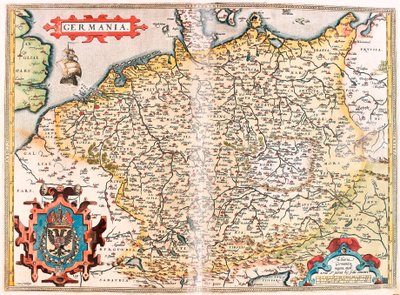 Niemcy Mapa geograficzna terytorium Niemiec (Świętego Cesarstwa Germańskiego) z „Theatrum Orbis Terrarum” autorstwa Abrahama Orteliusa (Oertel, Ortell lub Ortel autorstwa Abraham Ortelius