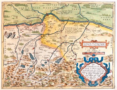 Niemcy (kraj związkowy: Bawaria), Austria (kraj związkowy: Tyrol, Górna Austria, Salzburg) autorstwa Abraham Ortelius