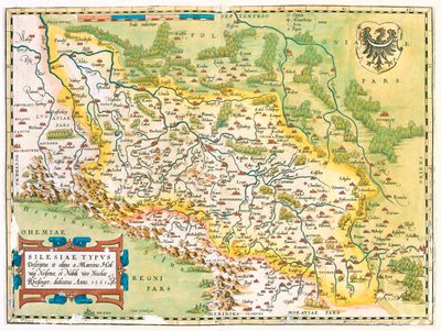 Niemcy (kraj związkowy: Brandenburgia, Saksonia), Polska (województwo: lubuskie, wielkopolskie, dolnośląskie, łódzkie, opolskie, śląskie, małopolskie), Republika Czeska (kraj związkowy: Morawy-Śląsk, Ołomuniec, Pardubice, Hradec Králové, Liberec, Czechy Śr autorstwa Abraham Ortelius
