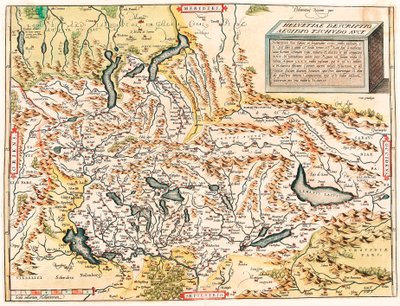 Helvetiae Opis Aegidius Tschudo Auct. Mapa geograficzna Alp Szwajcarskich i Francuskich zawierająca jeziora z „Theatrum Orbis Terrarum” autorstwa Abrahama Orteliusa (Oertel, Ortell lub Ortel autorstwa Abraham Ortelius