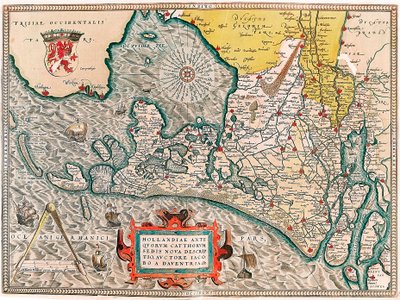 Hollandia antiquorum catthorum sedis nova descriptio, auctore Jacobo a daventria Mapa geograficzna terytorium Holandii z miastami Amsterdam i Haarlem... zaczerpnięta z "Theatrum Orbis Terrarum" Abrahama Orteliusa (Oertel, Ortell lub Orte autorstwa Abraham Ortelius
