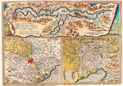 Jezioro Larii było powszechnie nazywane Forum Rzymskim Tercjusza. Mapa geograficzna północnych Włoch z „Theatrum Orbis Terrarum” Abrahama Orteliusa (Oertel, Ortell lub Ortel autorstwa Abraham Ortelius