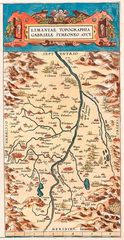 Limaniae ułożyła topografię Gabriele Symeoneo Avct Mapa geograficzna terytorium Loary z zamkami i miastami nad rzeką (Beaumont, Aigueperse, Clermont i Montferan (Montferrand), Beauregard, Cignac, Montaigu, Puy Guillaume...) zaczerpnięta z „Theatru autorstwa Abraham Ortelius