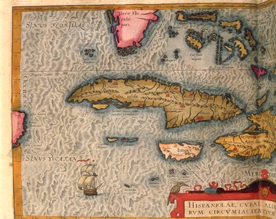 Mapa Kuby i Jamajki z Theatrum Orbis Terrarum autorstwa Abrahama Orteliusa, wydrukowana w Antwerpii autorstwa Abraham Ortelius