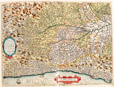 Regiony Piemontu i Vicino Mapa geograficzna terytorium Włoch od Monako we Francji do Genes i przechodząca przez prowincje Imperia de Savona i Genua z „Theatrum Orbis Terrarum” Abrahama Orteliusa ( autorstwa Abraham Ortelius