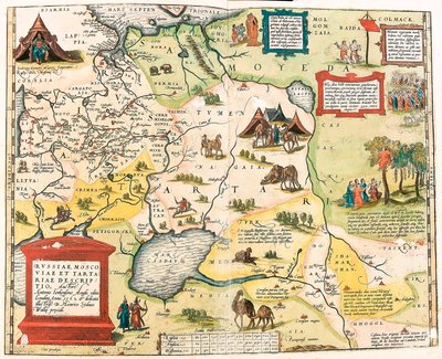 Rosja, Moskwa i Tatar. Antonio Jenkensono Anglo, wydanej w Londynie w 1562 r. Mapa geograficzna terytorium Rosji z „Theatrum Orbis Terrarum” Abrahama Orteliusa (Oertel, Ortell lub Ortel autorstwa Abraham Ortelius