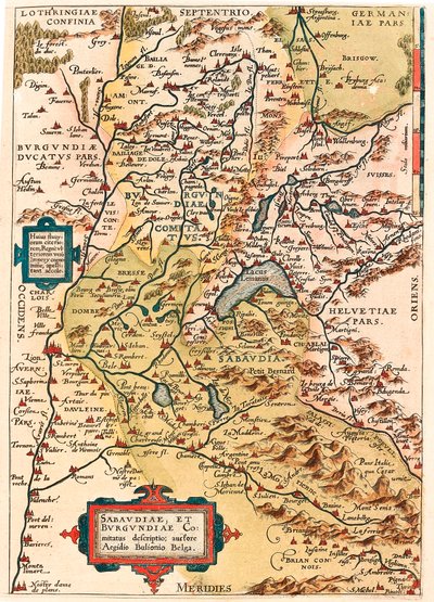 Sabaudia et Burgundiae Comitus opis Mapa terytorium Burgundii i Sabaudii (Pontarlier, Dijon, Jezioro Leman, Szwajcaria) z "Theatrum Orbis Terrarum" Abrahama Orteliusa (Oertel, Ortell lub Ortel). autorstwa Abraham Ortelius