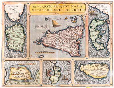 Sardynia, Sycylia, Korfu, Djerba, Elba, Malta, Włochy, Grecja, Tunezja, Malta autorstwa Abraham Ortelius