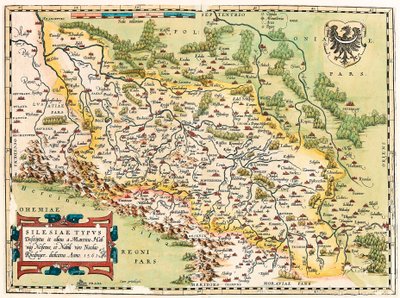 Typ Śląska Opis i opis i redakcja Martin Heilwid Neilsense i Noble Husband Nicolas Rhedinger Anno 1561 Mapa geograficzna terytorium na południe od Frankfurtu w Niemczech koło Polski z „Theatrum Orbis Terrarum” Abrahama Orteliusa ( autorstwa Abraham Ortelius