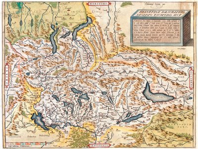 Szwajcaria, Niemcy (kraj związkowy: Badenia-Wirtembergia, Bawaria), Austria (kraj związkowy: Voralberg), Liechtenstein, Włochy (region: Trydent-Górna Adyga, Lombardia, Piemont, Dolina Aosty), Francja (region: Franche-Comté, Rodan-Alpy, Alzacja), autorstwa Abraham Ortelius