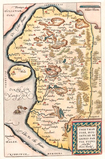 Thietmarsiae, Holsaticae partie regionalne typus Mapa geograficzna północnych Niemiec z miastem Kuden zaczerpnięta z "Theatrum Orbis Terrarum" Abrahama Orteliusa (Oertel, Ortell lub Ortel). autorstwa Abraham Ortelius