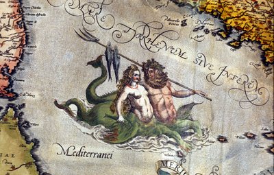 Tryton i Syrena na Morzu Śródziemnym. „Theatrum Orbis Terrarum” Abrahama Orteliusa, Antwerpia 1584 autorstwa Abraham Ortelius