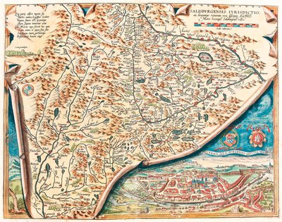 Autentyczny opis miasta Salzburg Mapa geograficzna terytorium Salsburga w Austrii z „Theatrum Orbis Terrarum” autorstwa Abrahama Orteliusa (Oertel, Ortell lub Ortel autorstwa Abraham Ortelius
