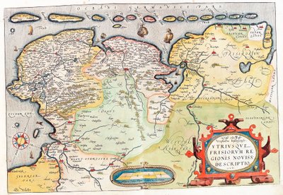 Obaj Frisii z nowej dzielnicy. Opis Mapa geograficzna terytorium Holandii z miastami Groningen (Groeningen) i Leeuwarden... zaczerpnięta z "Theatrum Orbis Terrarum" Abrahama Orteliusa (Oertel, Ortell lub Ortel autorstwa Abraham Ortelius