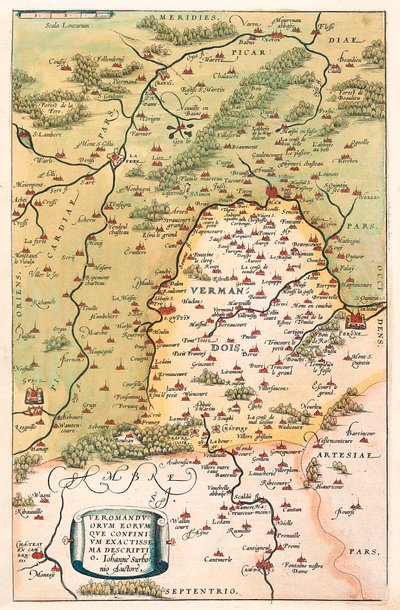Opis Mapa geograficzna terytorium Vermandois i Pikardii w Galii (Francja) z „Theatrum Orbis Terrarum” Abrahama Orteliusa (Oertel, Ortell lub Ortel autorstwa Abraham Ortelius