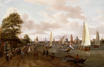 Panoramiczny widok na Amsterdam z barką i małymi statkami na Buiten-Amstel, autorstwa Abraham Storck