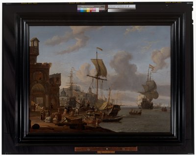 Capriccio Śródziemnomorska scena portowa z kupcami i innymi postaciami po stronie nabrzeża autorstwa Abraham Storck