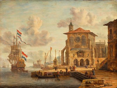 Scena portowa ze średniowiecznym budynkiem autorstwa Abraham Storck