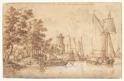 Krajobraz Renu z zamkiem i statkami autorstwa Abraham Storck