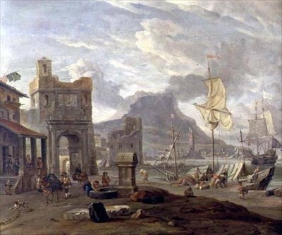 Port morski z dużymi i małymi statkami autorstwa Abraham Storck